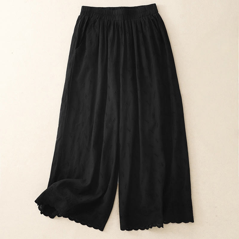 Buddha Stones Summer Vintage Embroidery Lace Hem Patchwork Design Women's Wide Leg Cotton Pants With Pockets - Black - US6，UK/AU10，EU38 (XL) - image 7