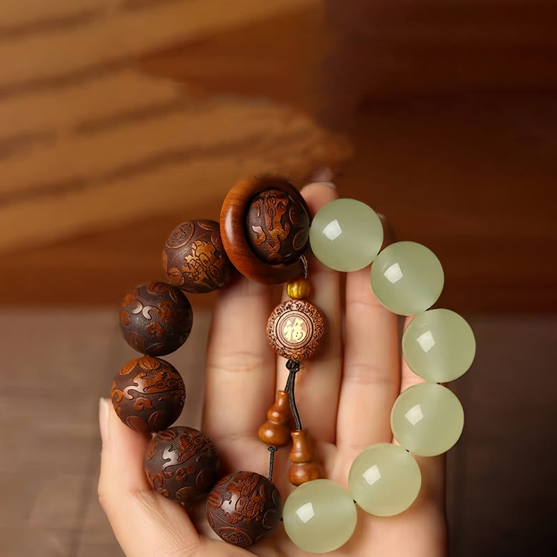 Buddha Stones Sappan Wood Engraving Pixiu Fu Character Cure Bracelet - Sappan Wood(Wrist Circumference: 15-18cm) - image 0