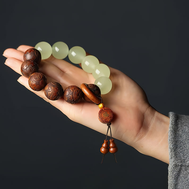 Buddha Stones Sappan Wood Engraving Pixiu Fu Character Cure Bracelet - image 1