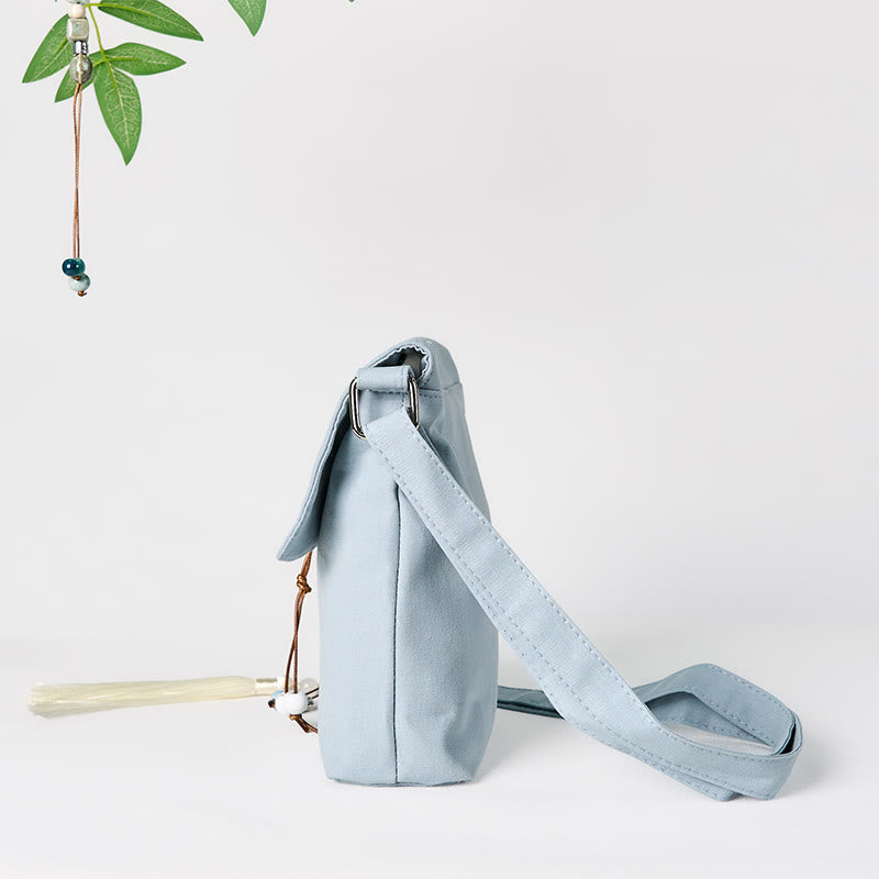 Buddha Stones Plain Embroidered LightBlue Epiphyllum Cotton Linen Crossbody Bag Shoulder Bag - image 4