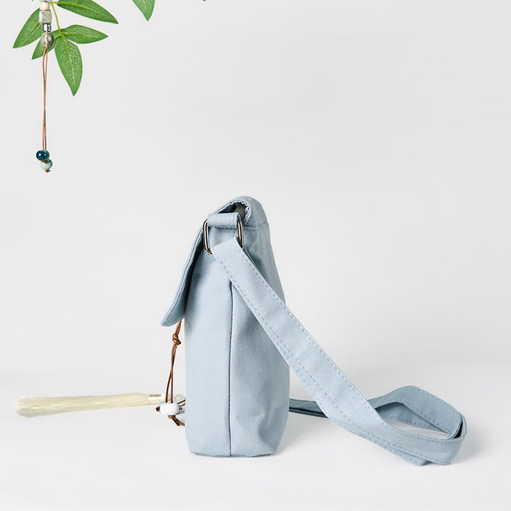 Buddha Stones Plain Embroidered LightBlue Epiphyllum Cotton Linen Crossbody Bag Shoulder Bag - image 4