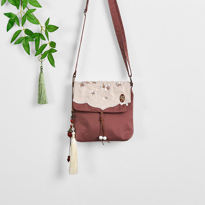 Buddha Stones Plain Brown Embroidered Plum Bossom Cotton Linen Crossbody Bag Shoulder Bag - image 7