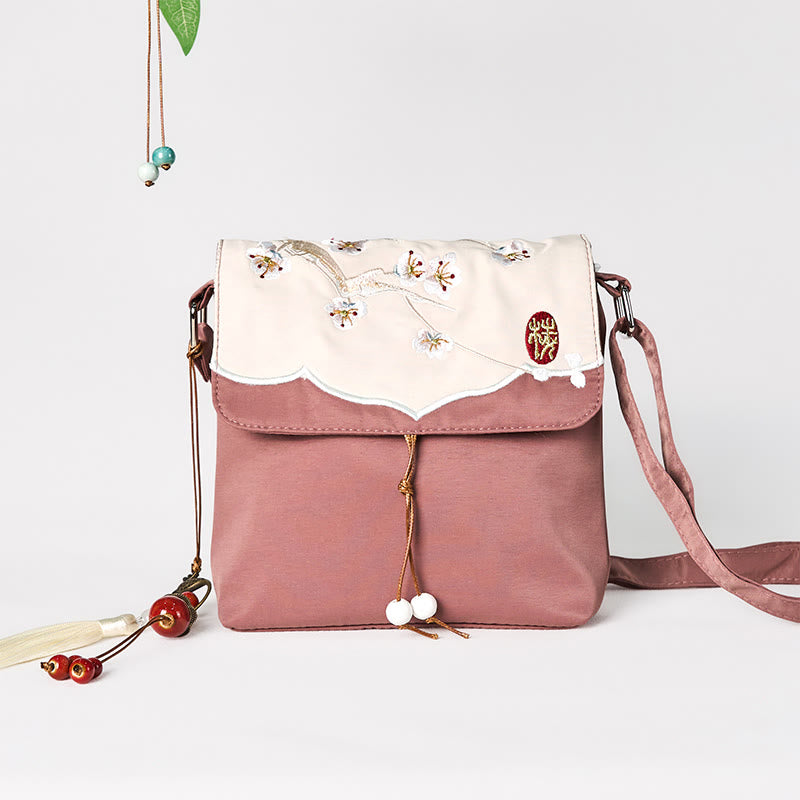 Buddha Stones Plain Brown Embroidered Plum Bossom Cotton Linen Crossbody Bag Shoulder Bag - image 1