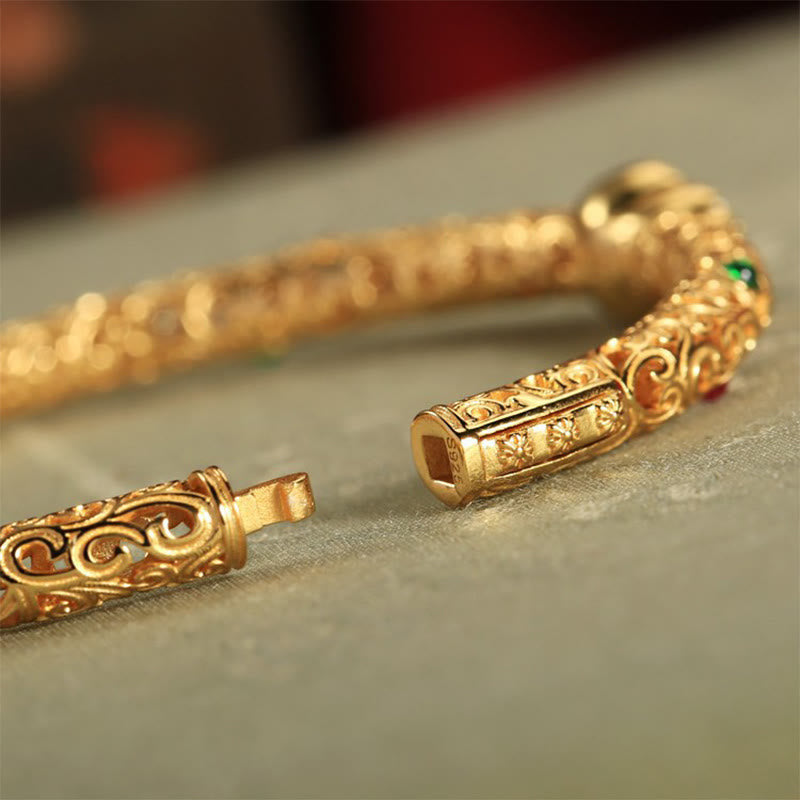 Buddha Stones Cyan Jade Copper Plated Gold Auspicious Clouds Gourd Luck Bracelet Bangle - image 3