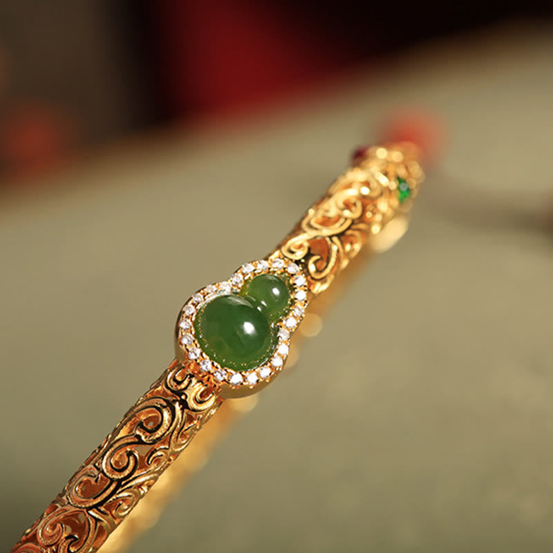 Buddha Stones Cyan Jade Copper Plated Gold Auspicious Clouds Gourd Luck Bracelet Bangle - image 11