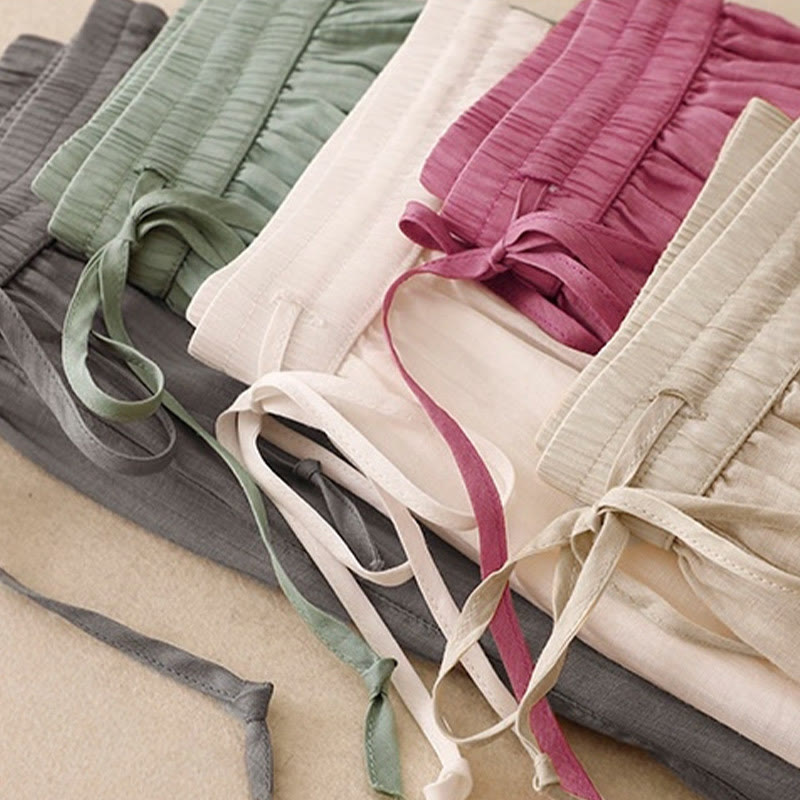 Buddha Stones Causal Vintage Plain Drawstring Lace Patchwork Design Women's Wide Leg Cotton Elastic Waistband Pants With Pockets - image 21