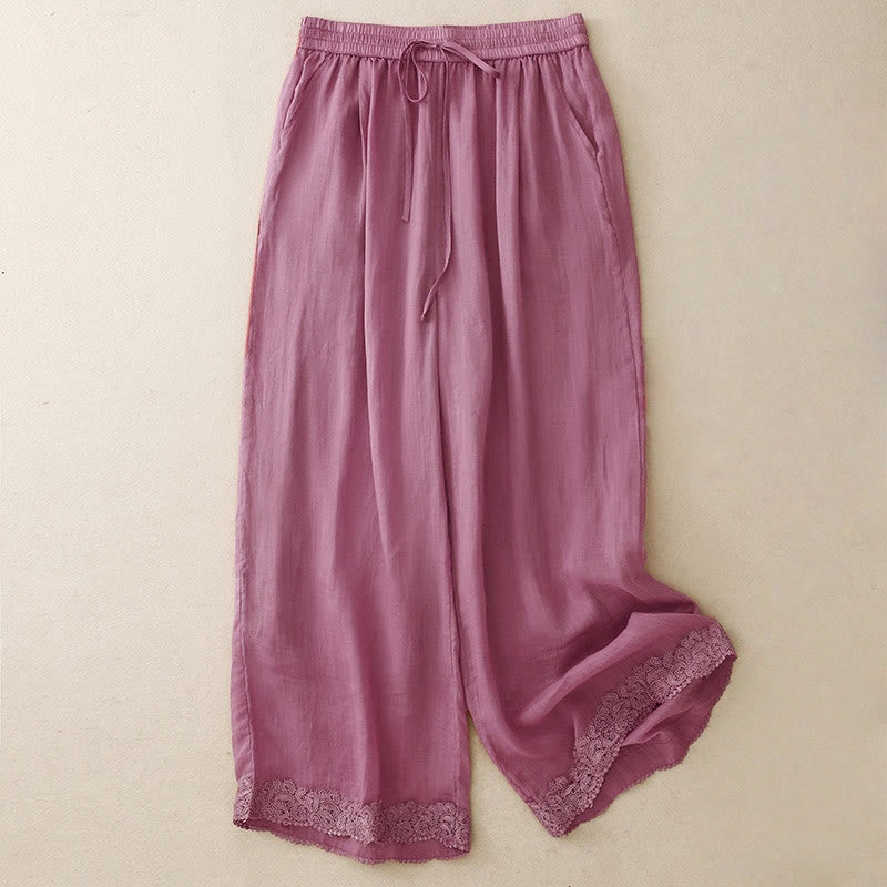 Buddha Stones Causal Vintage Plain Drawstring Lace Patchwork Design Women's Wide Leg Cotton Elastic Waistband Pants With Pockets - PaleVioletRed - US8-10，UK/AU12-14，EU40-42 (2XL) - image 6