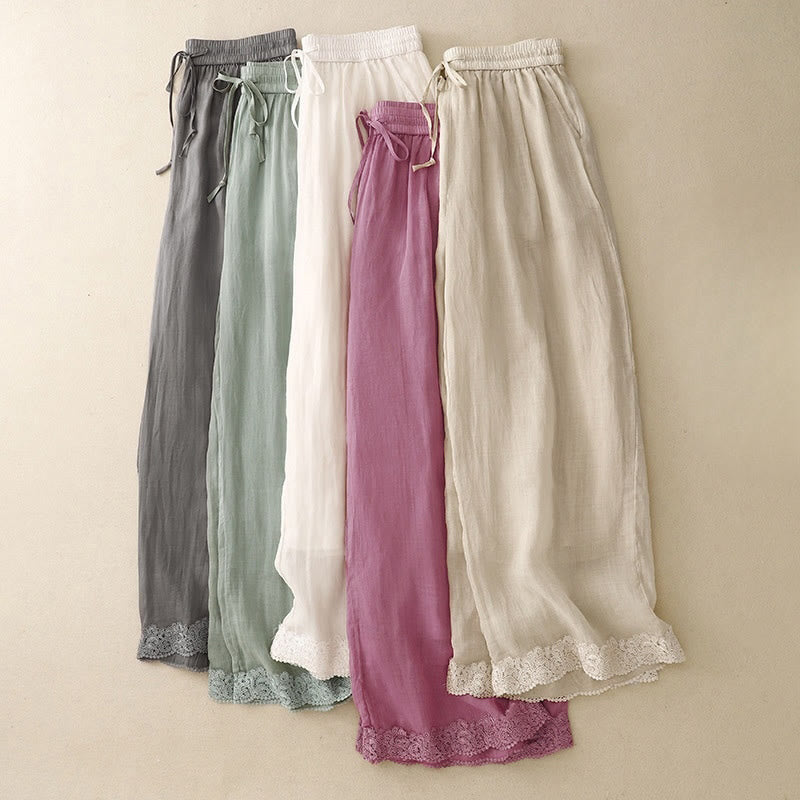 Buddha Stones Causal Vintage Plain Drawstring Lace Patchwork Design Women's Wide Leg Cotton Elastic Waistband Pants With Pockets - image 19