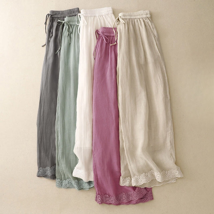 Buddha Stones Causal Vintage Plain Drawstring Lace Patchwork Design Women's Wide Leg Cotton Elastic Waistband Pants With Pockets - image 19