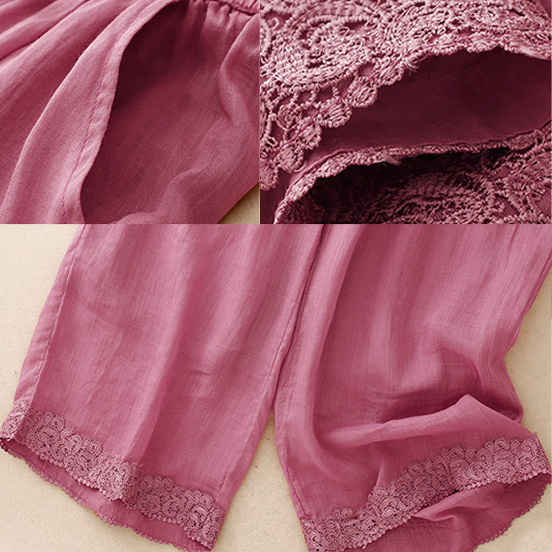 Buddha Stones Causal Vintage Plain Drawstring Lace Patchwork Design Women's Wide Leg Cotton Elastic Waistband Pants With Pockets - image 8