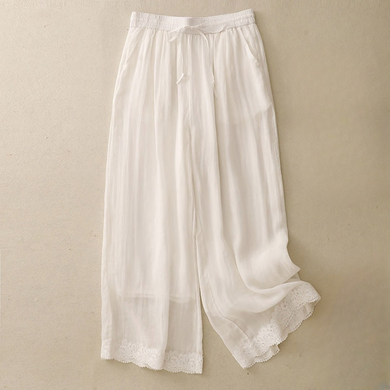 Buddha Stones Causal Vintage Plain Drawstring Lace Patchwork Design Women's Wide Leg Cotton Elastic Waistband Pants With Pockets - FloralWhite - US8-10，UK/AU12-14，EU40-42 (2XL) - image 17