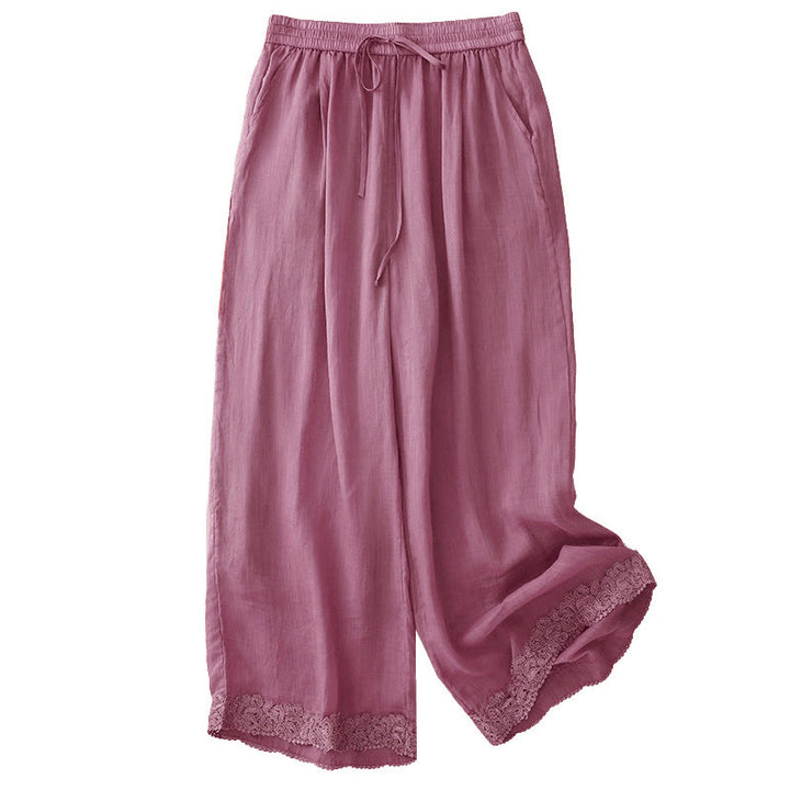 Buddha Stones Causal Vintage Plain Drawstring Lace Patchwork Design Women's Wide Leg Cotton Elastic Waistband Pants With Pockets - image 9