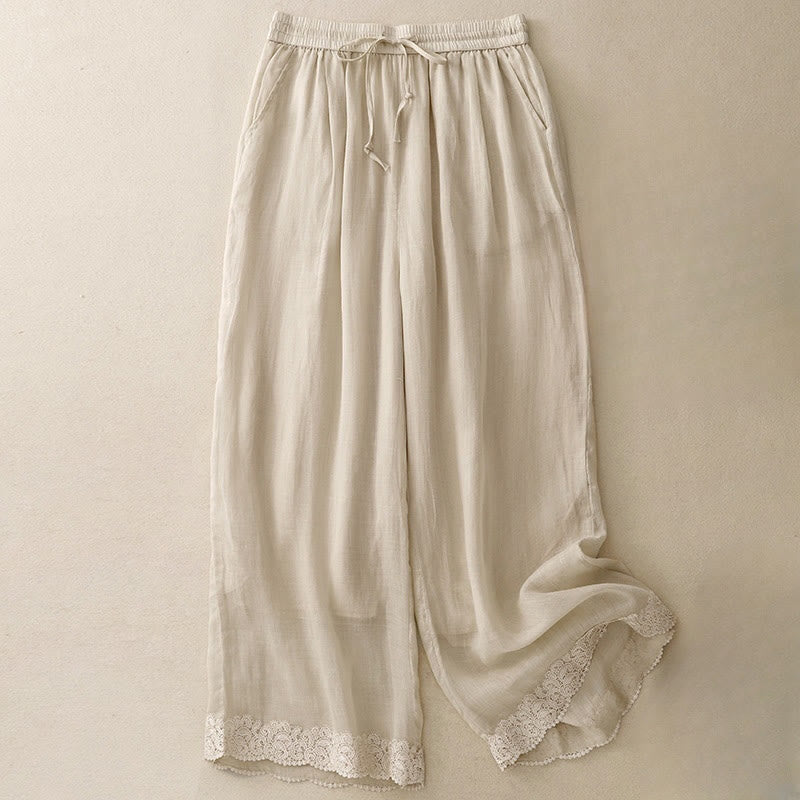 Buddha Stones Causal Vintage Plain Drawstring Lace Patchwork Design Women's Wide Leg Cotton Elastic Waistband Pants With Pockets - LightGoldenrodYellow - US8-10，UK/AU12-14，EU40-42 (2XL) - image 10