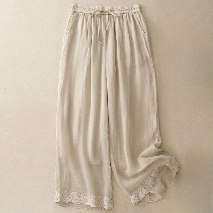 Buddha Stones Causal Vintage Plain Drawstring Lace Patchwork Design Women's Wide Leg Cotton Elastic Waistband Pants With Pockets - LightGoldenrodYellow - US8-10，UK/AU12-14，EU40-42 (2XL) - image 10