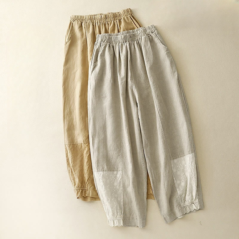 Buddha Stones Summer Embroidery Pure Color Patchwork Design Women's Cotton Linen Pants With Pockets - image 14