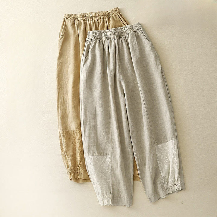 Buddha Stones Summer Embroidery Pure Color Patchwork Design Women's Cotton Linen Pants With Pockets - image 14