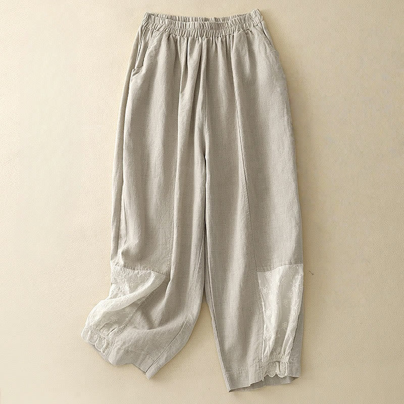 Buddha Stones Summer Embroidery Pure Color Patchwork Design Women's Cotton Linen Pants With Pockets - Linen - US8-10，UK/AU12-14，EU40-42 (2XL) - image 0