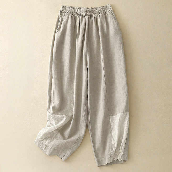 Buddha Stones Summer Embroidery Pure Color Patchwork Design Women's Cotton Linen Pants With Pockets - Linen - US8-10，UK/AU12-14，EU40-42 (2XL) - image 0