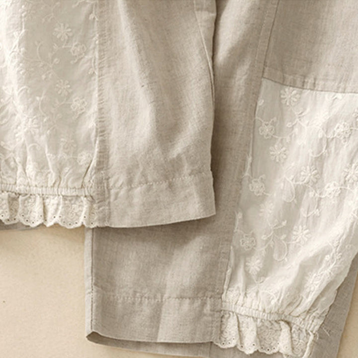 Buddha Stones Summer Embroidery Pure Color Patchwork Design Women's Cotton Linen Pants With Pockets - image 6