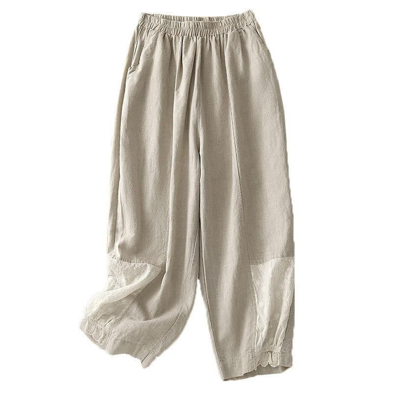 Buddha Stones Summer Embroidery Pure Color Patchwork Design Women's Cotton Linen Pants With Pockets - image 8