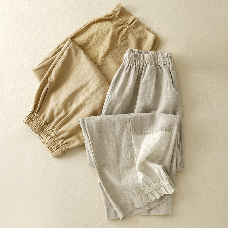 Buddha Stones Summer Embroidery Pure Color Patchwork Design Women's Cotton Linen Pants With Pockets - image 15