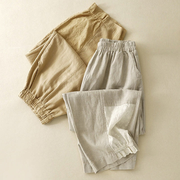Buddha Stones Summer Embroidery Pure Color Patchwork Design Women's Cotton Linen Pants With Pockets - image 15