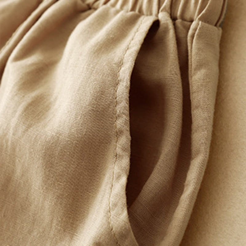 Buddha Stones Summer Embroidery Pure Color Patchwork Design Women's Cotton Linen Pants With Pockets - image 12