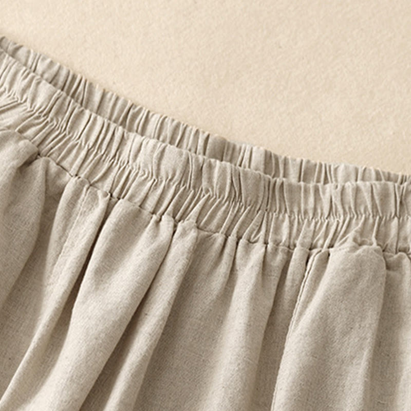 Buddha Stones Summer Embroidery Pure Color Patchwork Design Women's Cotton Linen Pants With Pockets - image 2