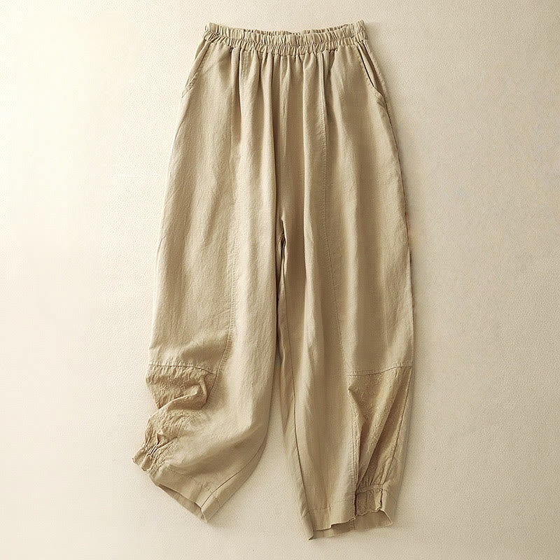 Buddha Stones Summer Embroidery Pure Color Patchwork Design Women's Cotton Linen Pants With Pockets - PaleGoldenrod - US8-10，UK/AU12-14，EU40-42 (2XL) - image 9