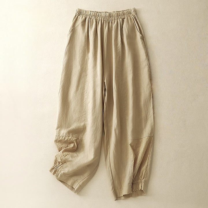 Buddha Stones Summer Embroidery Pure Color Patchwork Design Women's Cotton Linen Pants With Pockets - PaleGoldenrod - US8-10，UK/AU12-14，EU40-42 (2XL) - image 9