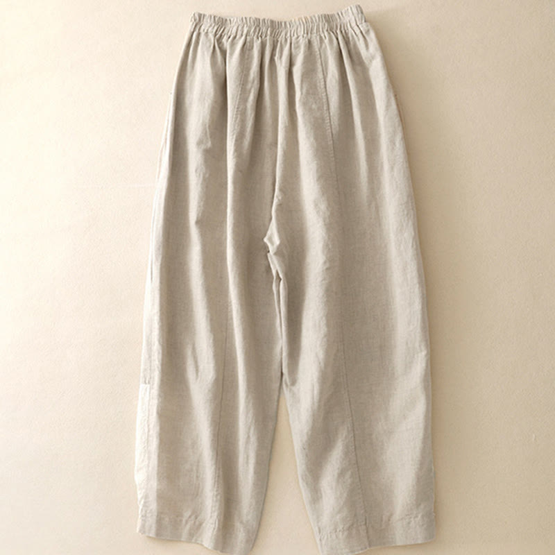 Buddha Stones Summer Embroidery Pure Color Patchwork Design Women's Cotton Linen Pants With Pockets - image 1