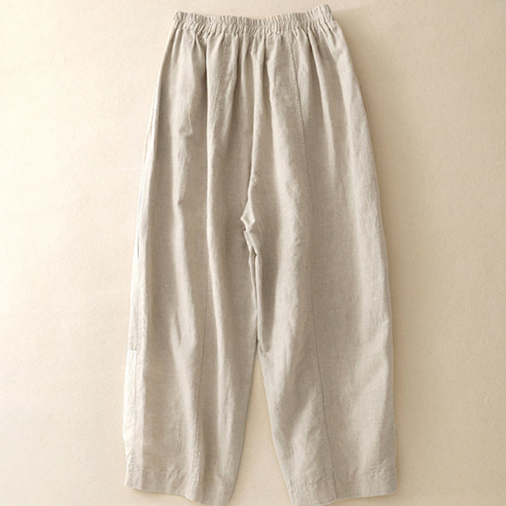 Buddha Stones Summer Embroidery Pure Color Patchwork Design Women's Cotton Linen Pants With Pockets - image 1