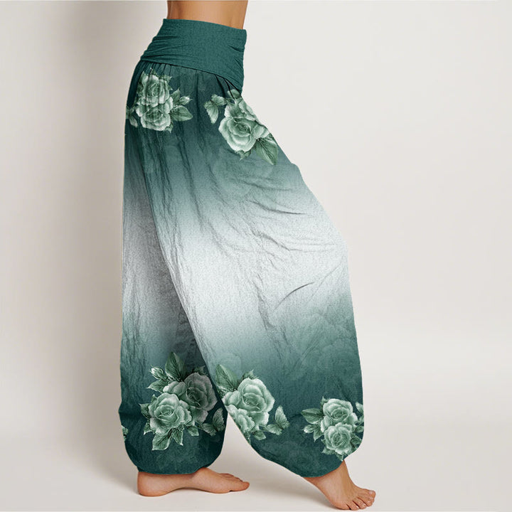 Buddha Stones Casual Roses Leaves Pattern Women's Elastic Waist Harem Pants - image 1