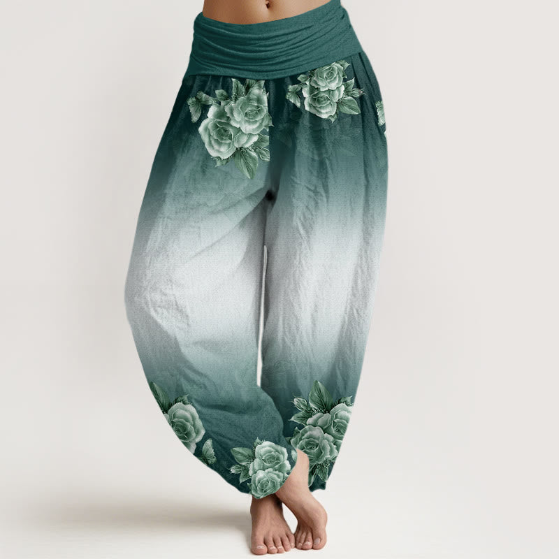 Buddha Stones Casual Roses Leaves Pattern Women's Elastic Waist Harem Pants - ForestGreen - US22，UK/AU26，EU54 (6XL) - image 0