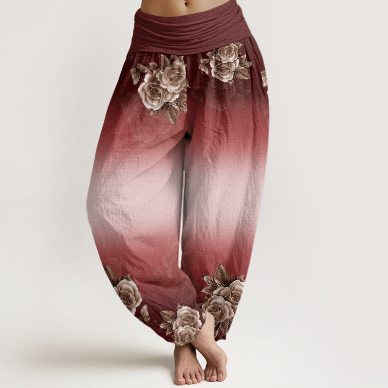 Buddha Stones Casual Roses Leaves Pattern Women's Elastic Waist Harem Pants - FireBrick - US22，UK/AU26，EU54 (6XL) - image 7