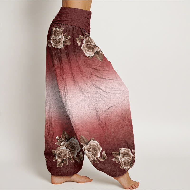 Buddha Stones Casual Roses Leaves Pattern Women's Elastic Waist Harem Pants - image 8