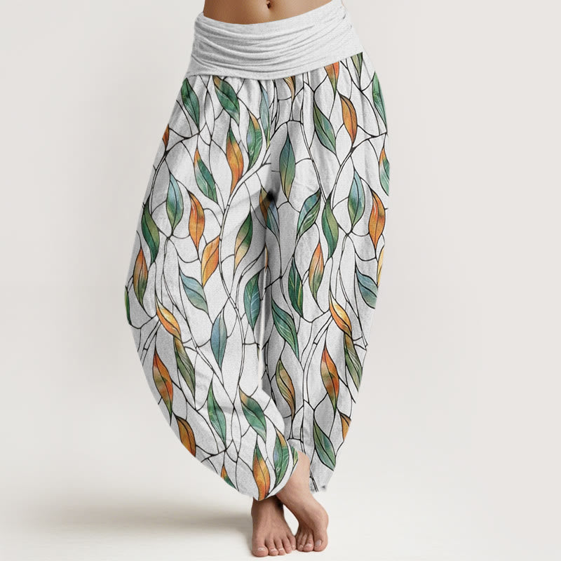 Buddha Stones Casual Delicate Colorful Leaf Pattern Women's Elastic Waist Harem Pants - Snow - US22，UK/AU26，EU54 (6XL) - image 0