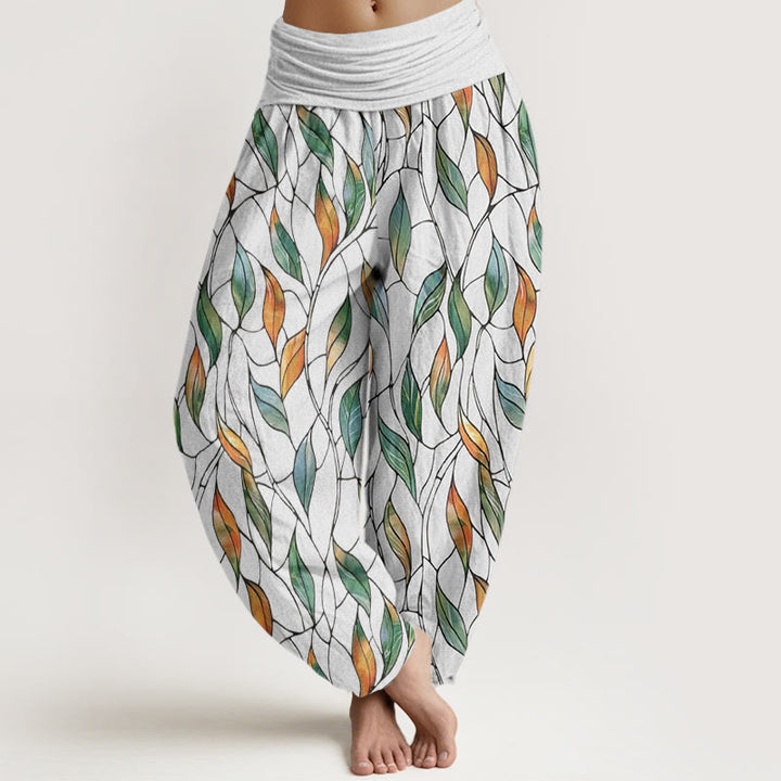 Buddha Stones Casual Delicate Colorful Leaf Pattern Women's Elastic Waist Harem Pants - Snow - US22，UK/AU26，EU54 (6XL) - image 0