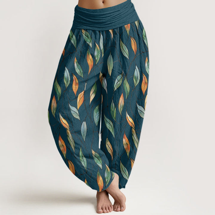 Buddha Stones Casual Delicate Colorful Leaf Pattern Women's Elastic Waist Harem Pants - DarkCyan - US22，UK/AU26，EU54 (6XL) - image 4