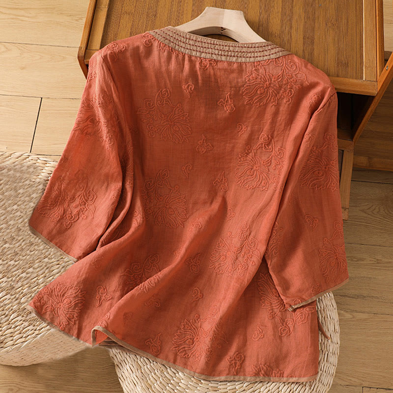 Buddha Stones Summer Vintage Embroidery Plant Floral Lace-Up Design V-Neck Women's Cotton Linen Shirt - image 1