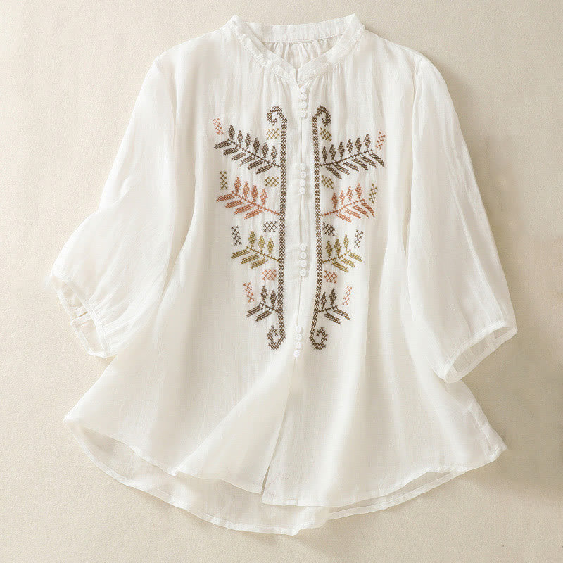 Buddha Stones Casual Artistic Embroidery Leaves Pattern Women's Three Quarter Sleeve Shirt - White - US8-10，UK/AU12-14，EU40-42 (2XL) - image 14