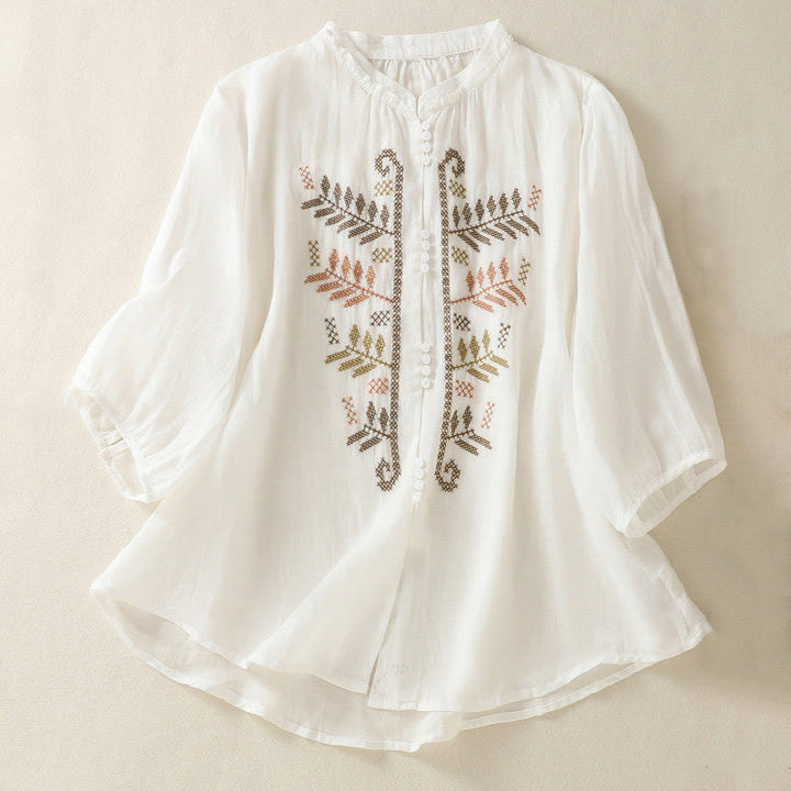 Buddha Stones Casual Artistic Embroidery Leaves Pattern Women's Three Quarter Sleeve Shirt - White - US8-10，UK/AU12-14，EU40-42 (2XL) - image 14