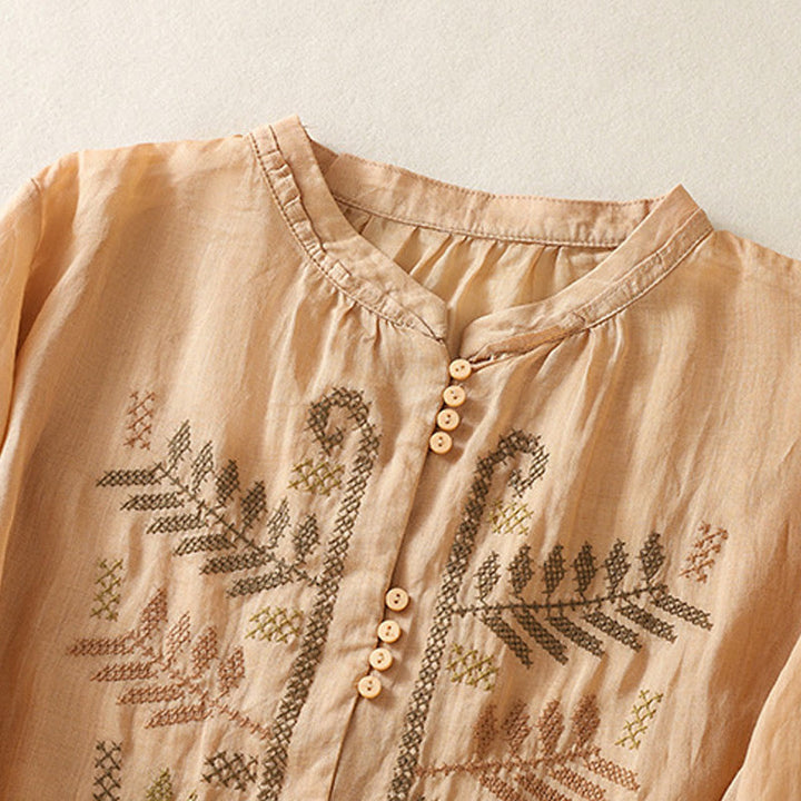 Buddha Stones Casual Artistic Embroidery Leaves Pattern Women's Three Quarter Sleeve Shirt - image 2