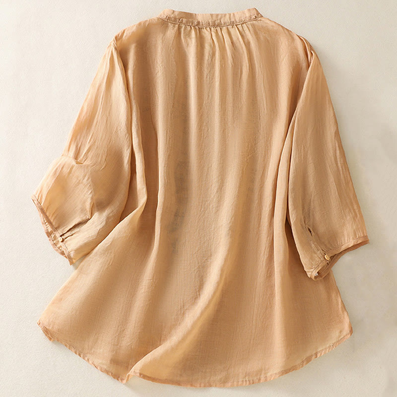 Buddha Stones Casual Artistic Embroidery Leaves Pattern Women's Three Quarter Sleeve Shirt - image 1