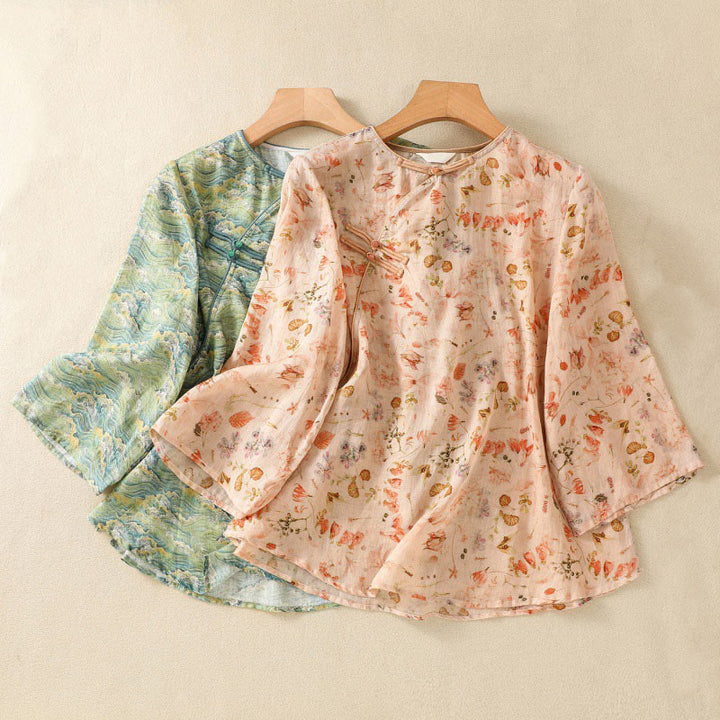 Buddha Stones Summer Casual Printing Frog-Button Design Women's Cotton Linen Long Sleeve Shirt - image 18