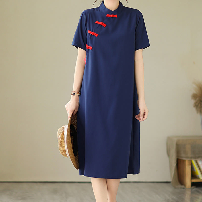 Buddha Stones Summer Vintage Plain Color Contrast Frog-Button Short Sleeve Design Cotton Linen Cheongsam Midi Dress - MidnightBlue - US8-10，UK/AU12-14，EU40-42 (2XL) - image 0