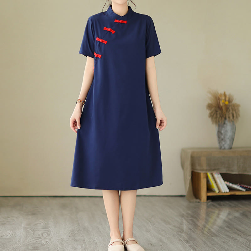 Buddha Stones Summer Vintage Plain Color Contrast Frog-Button Short Sleeve Design Cotton Linen Cheongsam Midi Dress - image 1