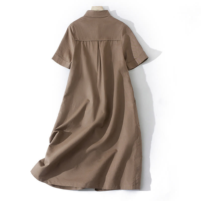 Buddha Stones Summer Retro Solid Color Button Design Short Sleeve Cotton Midi Dress With Pockets - image 10