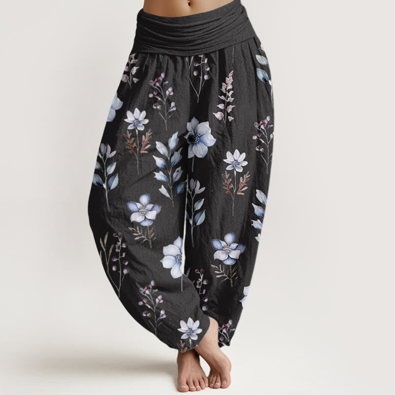 Buddha Stones Casual Delicate Floral Leaves Pattern Women's Elastic Waist Harem Pants - Black - US22，UK/AU26，EU54 (6XL) - image 0