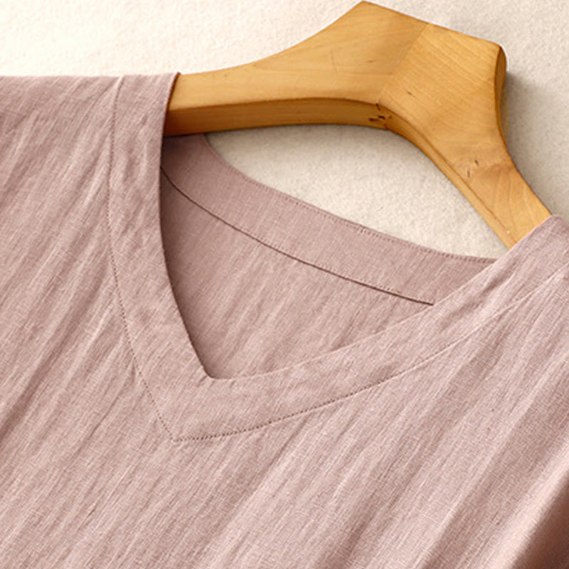 Buddha Stones Casual Artistic Solid Color Simple Design High Waist Short Sleeve Cotton Linen Midi Dress With Pockets - image 15